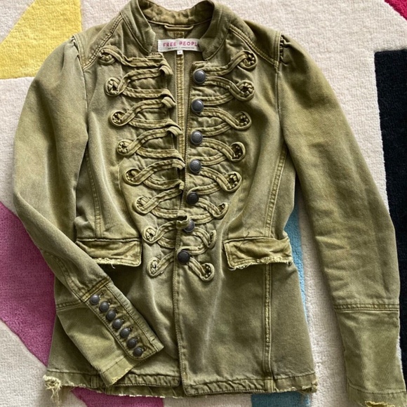 Free People Denim Seamed and Structured Military Jacket Buttons Olive Green XS - Picture 4 of 11